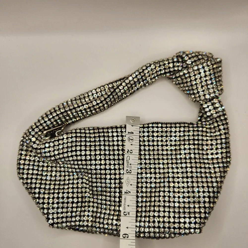 Olga Berg Crystal Mesh Knot Handle Evening Bag Silver Slouchy Clutch Purse Polly